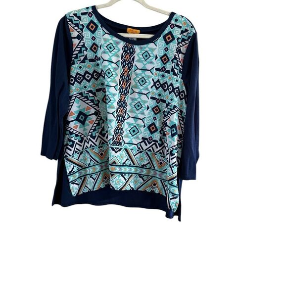 Ruby Rd Petite Extra Large Blue Geometric Blouse - Picture 2 of 5